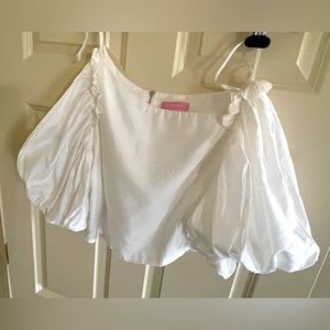 STUNNING!!! White Cotton Top Blouse Medium Asymmetrical Cropped Poof Sleeves LA